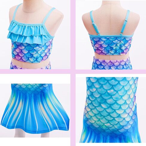 Little Girls 4pcs Swimsuit Bathing Suits Bikini Set with Princess Skirt for Kids Toddler Swimwear for 5-6 Years Green Blue in Kuwait