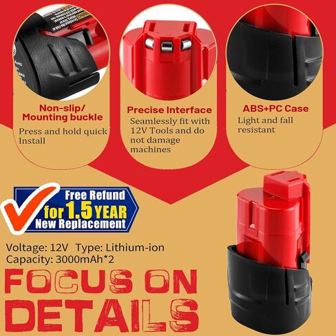 【UPGRADE!】2 Pack 3.0Ah Replacement for Milwaukee M12 12V Lithium Ion Battery, Compatible with Milwaukee 12V Tools / Heated Jacket 48-11-2420 48-11-2440 48-11-2402 48-11-2411 Cordless Power Tools in Kuwait