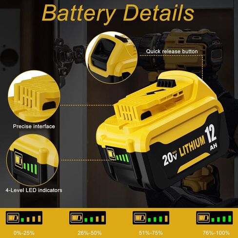 2Packs 12.0Ah Lithium Replacement for Dewalt 20V Battery and DCB107 Charger | Compatible with Dewalt 20V MAX Battery DCB207 DCB206 DCB204 DCB200 DCB201 DCB203 Series Power Tool(Yellow) in Saudi Arabia
