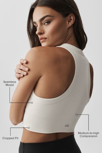 Alo Yoga Seamless Modal Ribbed High Neck Delight Bra - Ivory in Kuwait