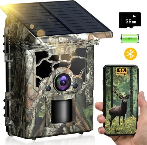Trail Camera Solar Powered 4K 46MP, WiFi Bluetooth Game Camera with 32GB Memory Card, 130° Wide Angle, Motion Activated 0.3s Trigger, IP66 Waterproof No Glow Night Vision in Kuwait