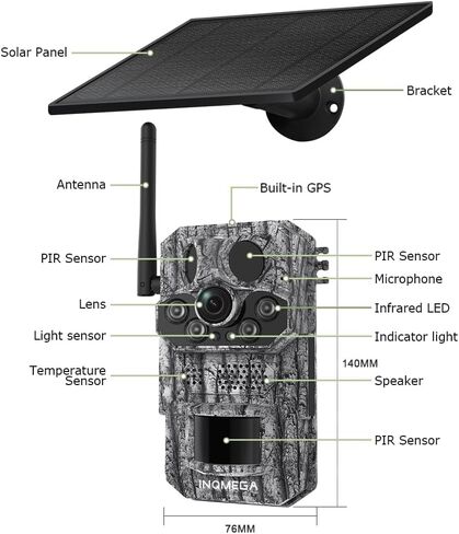 No-Glow 4G LTE Cellular Trail Camera with GPS for Wildlife Scouting | 5W Solar Panel & 7800mAh Battery, 3 PIR Motion Detection, 940nm No-Glow Full Color Night Vision, AI Animal Recognition, IP66 in Kuwait