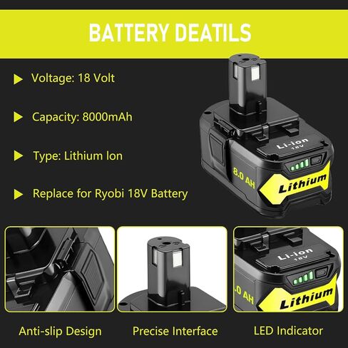 Replacement for Ryobi 18V Battery: 8.0Ah Replace Compatible with Ryobi Lithium Battery P107 P108 Cordless Power Tools with LED Indicator Light 2 Pack in Saudi Arabia