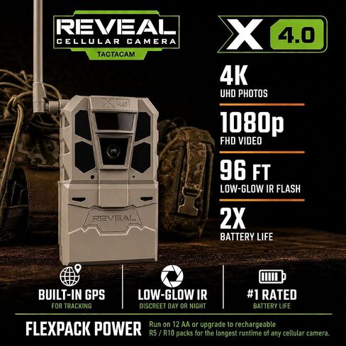 TACTACAM Reveal X 4.0 Cellular Trail Camera (4-Pack) + Microfiber Cloth | Night Vision, Waterproof, 4K Photo & 1080p Video, Industry-Best Battery Life, Built-In GPS, Live View in Kuwait