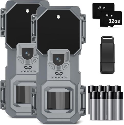 WOSPORTS Mini Trail Camera 2 Pack 32MP 1080P HD Deer Camera with 32GB SD Card Game Cameras with Night Vision Motion Activated Waterproof with Card Reader in Kuwait