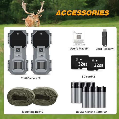 WOSPORTS Mini Trail Camera 2 Pack 32MP 1080P HD Deer Camera with 32GB SD Card Game Cameras with Night Vision Motion Activated Waterproof with Card Reader in Kuwait