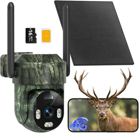 4G Solar PTZ Trail Camera, Preloaded SIM + 16GB Card, No WiFi Need,4MP Full Color Night Vision Auto Tracking Camera for Farm, Hunting, Wildlife Monitoring, IP66 in Kuwait