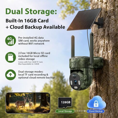 4G Solar PTZ Trail Camera, Preloaded SIM + 16GB Card, No WiFi Need,4MP Full Color Night Vision Auto Tracking Camera for Farm, Hunting, Wildlife Monitoring, IP66 in Kuwait