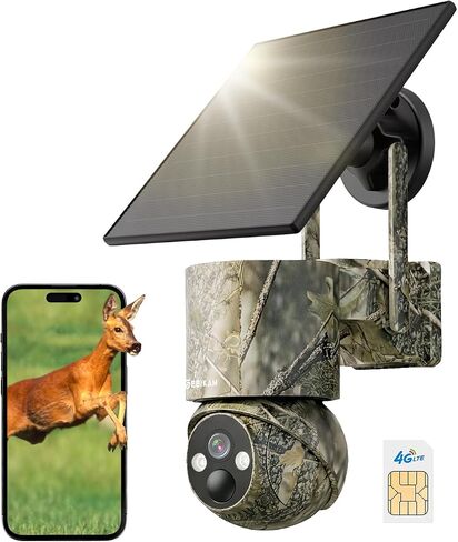 4G LTE Cellular Trail Camera with SIM, Solar, 2K 360° PTZ, No WiFi | Live View, Color Night Vision, Motion Detection, Camouflage, Hunting, Wildlife, Remote App View, Solar Powered, Waterproof in Kuwait