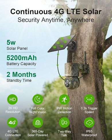4G LTE Cellular Trail Camera with SIM, Solar, 2K 360° PTZ, No WiFi | Live View, Color Night Vision, Motion Detection, Camouflage, Hunting, Wildlife, Remote App View, Solar Powered, Waterproof in Kuwait