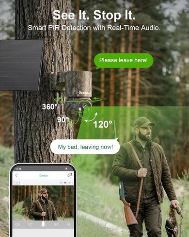 4G LTE Cellular Trail Camera with SIM, Solar, 2K 360° PTZ, No WiFi | Live View, Color Night Vision, Motion Detection, Camouflage, Hunting, Wildlife, Remote App View, Solar Powered, Waterproof in Kuwait