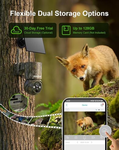4G LTE Cellular Trail Camera with SIM, Solar, 2K 360° PTZ, No WiFi | Live View, Color Night Vision, Motion Detection, Camouflage, Hunting, Wildlife, Remote App View, Solar Powered, Waterproof in Kuwait