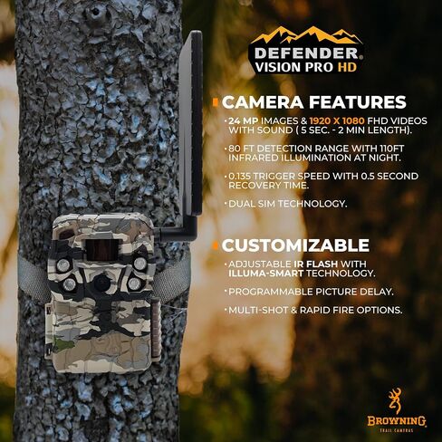 Browning Cellular Trail Camera Defender HD 24MP Trail Camera OVIX Camo Pattern Dual SIM Hunting Game Trail Camera, 110' Night Detection Range & Smartphone Cpompatible Trail Camera in Kuwait