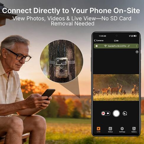 GardePro E6 2.0 Pro Solar WiFi Trail Camera (Non-Cellular), Dual Antennas, Stable Connection, 4K Video, Rechargeable Battery, On-Site Viewing, No-Glow Night Vision, Motion Activated in Kuwait