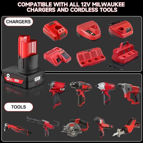2Packs Upgraded 8.0Ah 12V Replacement for Milwaukee M12 Battery LCD Display 48-11-2401 48-11-2460 48-11-2402 48-11-2412 48-11-2411 Compatible with Milwaukee 12V battery &12 Volt Power Tools in Kuwait
