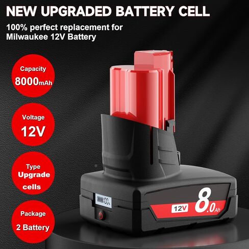 2Packs Upgraded 8.0Ah 12V Replacement for Milwaukee M12 Battery LCD Display 48-11-2401 48-11-2460 48-11-2402 48-11-2412 48-11-2411 Compatible with Milwaukee 12V battery &12 Volt Power Tools in Kuwait