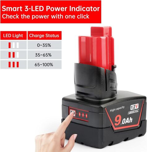 2Pces 12V 9Ah Battery Replacement Compatible for Milwaukee 48-11-0490, 48-11-2402, 48-11-2411, 48-11-2430, Cordless Power Tools & Heated Jackets with LED Indicator（Not Made in Milwaukee） in Kuwait
