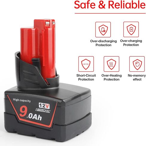 2Pces 12V 9Ah Battery Replacement Compatible for Milwaukee 48-11-0490, 48-11-2402, 48-11-2411, 48-11-2430, Cordless Power Tools & Heated Jackets with LED Indicator（Not Made in Milwaukee） in Kuwait