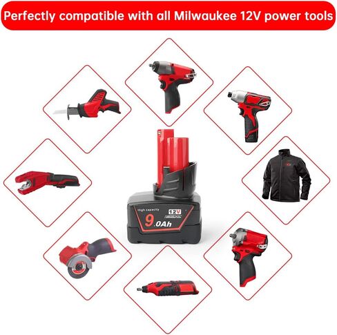 2Pces 12V 9Ah Battery Replacement Compatible for Milwaukee 48-11-0490, 48-11-2402, 48-11-2411, 48-11-2430, Cordless Power Tools & Heated Jackets with LED Indicator（Not Made in Milwaukee） in Kuwait