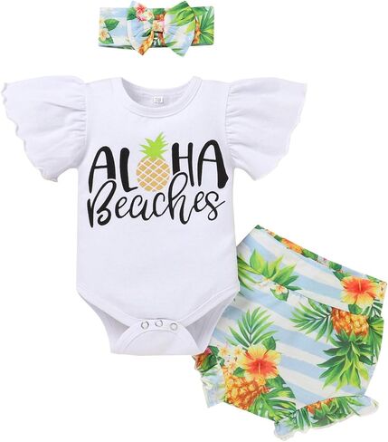 IMEKIS 3PCS Newborn Baby Girls Summer Holiday Outfit Set, Pineapple Print Romper with Shorts and Headband in Kuwait