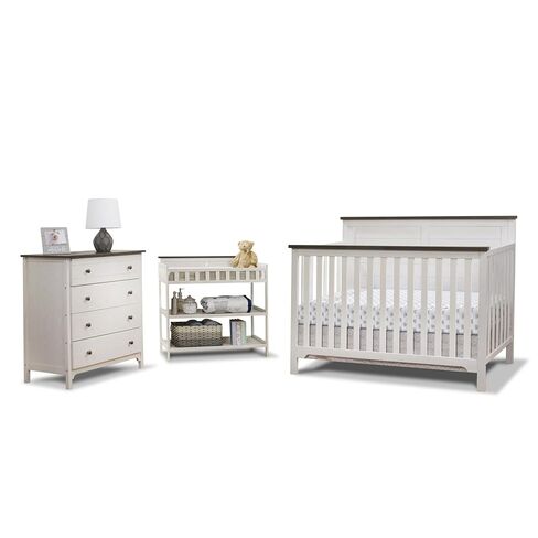 Sorelle Furniture Farmhouse 3-Piece Nursery Set with 4-in-1 Convertible Crib, 4-Drawer Dresser, and Changing Table with Shelves, Baby Furniture Made of Wood, Non-Toxic Finish-Chocolate and White in Saudi Arabia