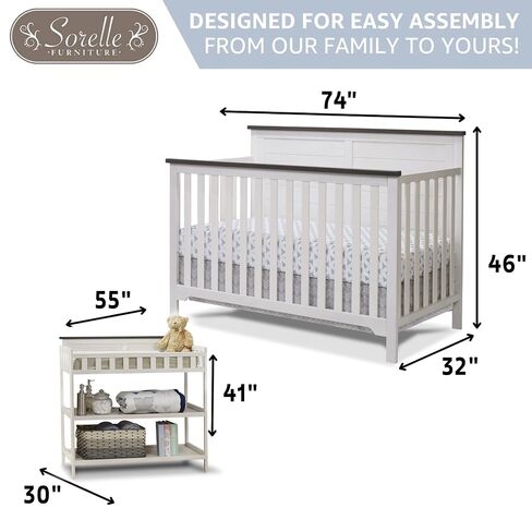 Sorelle Furniture Farmhouse 3-Piece Nursery Set with 4-in-1 Convertible Crib, 4-Drawer Dresser, and Changing Table with Shelves, Baby Furniture Made of Wood, Non-Toxic Finish-Chocolate and White in Saudi Arabia