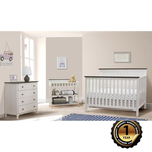 Sorelle Furniture Farmhouse 3-Piece Nursery Set with 4-in-1 Convertible Crib, 4-Drawer Dresser, and Changing Table with Shelves, Baby Furniture Made of Wood, Non-Toxic Finish-Chocolate and White in Saudi Arabia
