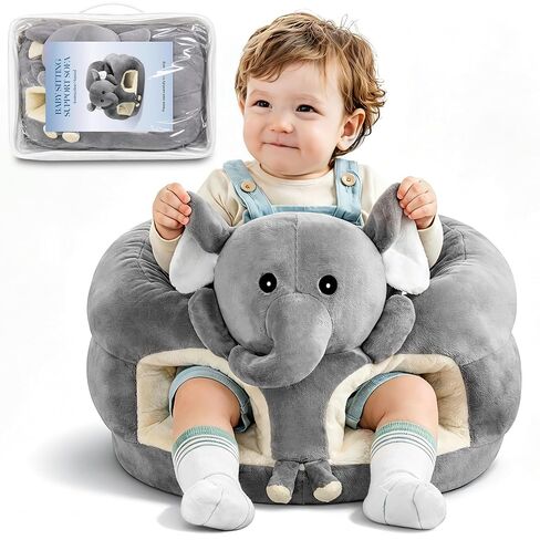 Sit Up Floor Seat for Baby 3-24 Months, Plush Animal Shaped Support Floor Chair Learning to Sit, Infant Toddler Baby Sofa with Cotton Filling, Non-Slip Bottom, Grey in Kuwait