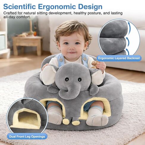 Sit Up Floor Seat for Baby 3-24 Months, Plush Animal Shaped Support Floor Chair Learning to Sit, Infant Toddler Baby Sofa with Cotton Filling, Non-Slip Bottom, Grey in Kuwait