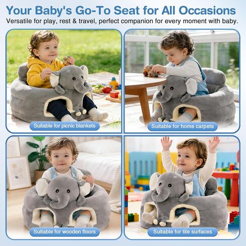 Sit Up Floor Seat for Baby 3-24 Months, Plush Animal Shaped Support Floor Chair Learning to Sit, Infant Toddler Baby Sofa with Cotton Filling, Non-Slip Bottom, Grey in Kuwait