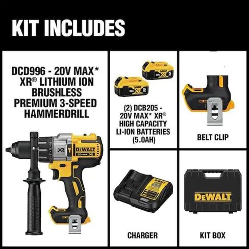 DEWALT 20V MAX XR Hammer Drill Kit, Brushless, 3-Speed, Cordless (DCD996P2) in Kuwait