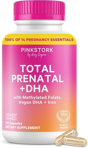 Pink Stork Total Prenatal Vitamins, No Fishy Burps, 60 Capsules, Berry | Clean Label Award, Support Fetal Development, Vegan DHA, Methylfolate, Iron, Choline, Vitamin B12, Pregnancy Essentials, in Kuwait