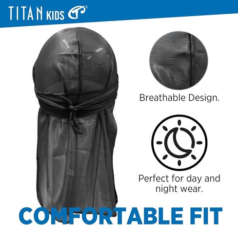 TITAN Baby Satin Du-Rag – Ultra Stretch Tailored Fit for Infants and Toddlers, Extra Long Tail, Soft & Breathable Silky Satin Head Wrap for Boys and Girls, Black in Kuwait