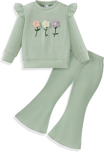 Vibebox Baby Girl Clothes Fall Winter Toddler Outfits for Girls 6Months-3T | Long Sleeve Crewneck Sweatshirts with Bell Bottoms Pants, Cute Ruffle Clothing Set for Gifts, Baby Girls Essentials in Kuwait
