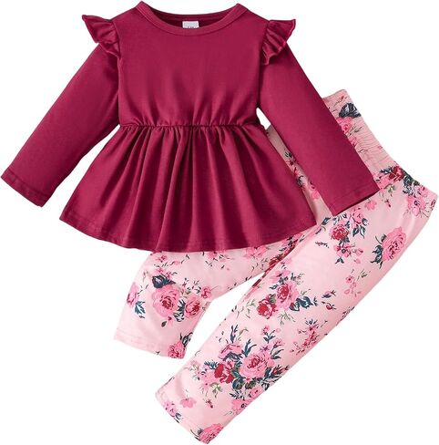Toddler Baby Girl Clothes Outfit,Spring Ruffle Long Sleeve Top & Floral Pants Set | Cute Girl Clothing Set in Kuwait
