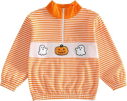 Toddler Baby Boy Girl Halloween Sweatshirt Zip Embroidery Shirt | Halloween Long Sleeve Top, Quarter Zip Collar Shirt, Pumpkin/Ghost/Boo Embroidery Sweatshirt, Boys Shirt, Fall Winter Clothes in Kuwait