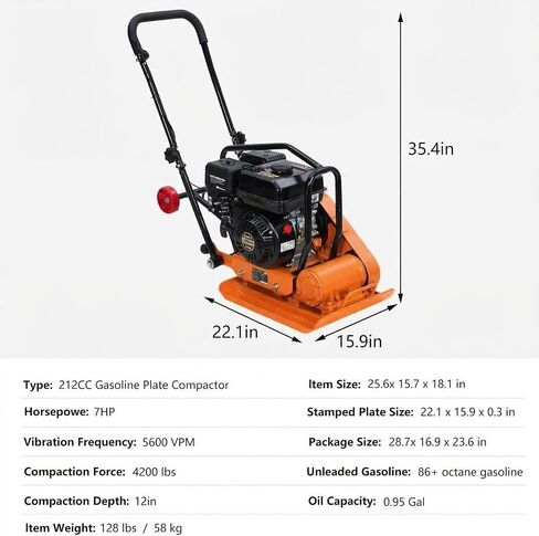 7HP Plate Compactor, 212cc Gas Engine 5,600 VPM, 4200 Lbs Force Vibratory Compaction Tamper with 22.1 x 15.9 Inch Plate for Walkways, Patios, Asphalts, Paver Landscaping (Orange) in Kuwait