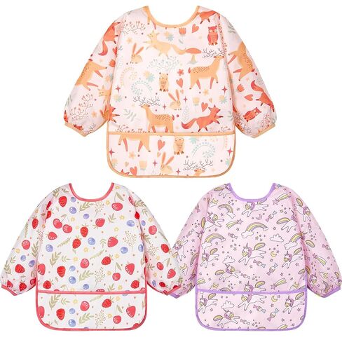 Lictin 3 Pack Baby Bibs for Boy or Girl, Cute Long Sleeve Bib, Waterproof Bibs for Toddlers,Adjustable Closure Baby Smock, Mess Proof Baby Bib, 6-24 Months Reusable Infant Baby Bibs | Waterproof Bibs for Toddlers,Adjustable Closure Baby Smock, Mess Proof  in Kuwait