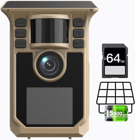 Trail Camera 4K 64MP Solar Game Camera with 5000mAh Forever Power, 64GB Memory Card and Ip67 Waterproof Angle Night Vision for Wildlife Deer Outdoor Trail Cam, Monitoring Trail Cameras in Kuwait