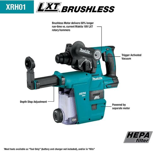 Makita XRH01ZWX 18V LXT® Lithium-Ion Brushless Cordless 1" Rotary Hammer, accepts SDS-PLUS bits, w/HEPA Dust Extractor Attachment, Tool Only in Kuwait