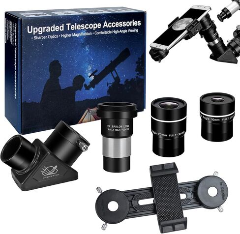 1.25" Telescope Accessory Upgrade Kit with 2 Premium Eyepieces, 2X Barlow Lens, 90° Diagonal Mirror & Phone Adapter, Astronomy Accessories for Sharper Moon Viewing, Planet Observation and Stargazing in Kuwait