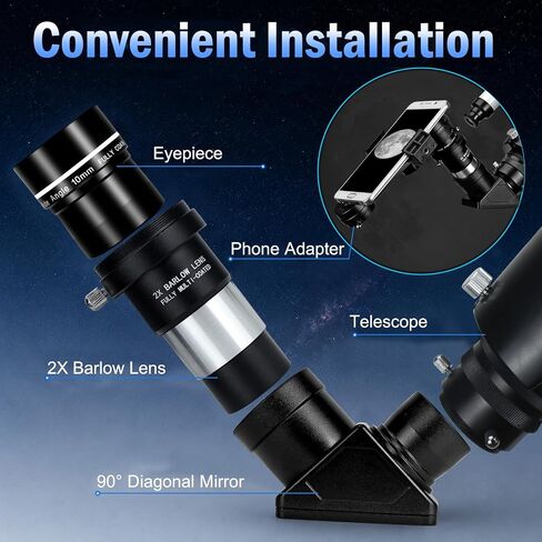 1.25" Telescope Accessory Upgrade Kit with 2 Premium Eyepieces, 2X Barlow Lens, 90° Diagonal Mirror & Phone Adapter, Astronomy Accessories for Sharper Moon Viewing, Planet Observation and Stargazing in Kuwait
