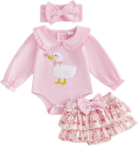 Baby Girl Clothes Silly Goose Birthday Romper Shorts Fall 3pcs Set | Newborn Infant Outfit Floral Silly Goose Embroidery Bodysuit + Bow Tutu Skirt + Cute Headband 3pcs Set Spring Fall Clothes in Kuwait