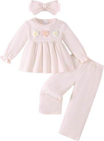 Renotemy Baby Girl Clothes Toddler Girl Fall Winter Outfits Ruffle Long Sleeve Top Wide Leg Pants With Headband Kids Clothing in Kuwait