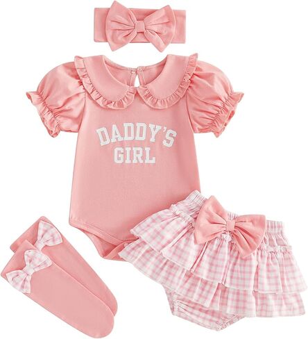 Infant Baby Girl Summer Clothes Letter Romper+Bloomers Skirt+Headband Set | Daddys Girl/Little Sister Newborn Outfit,Cute Print Romper and Bloomers with Headband Baby Dress in Kuwait