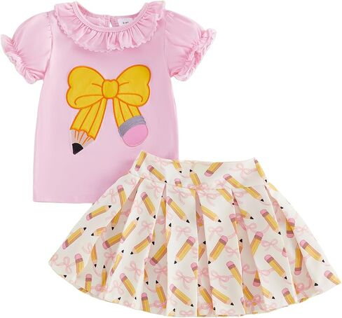 GOOCHEER Toddler Girl Back to School Outfit Kindergarten Pre K Clothes Short Sleeve T-Shirt Top A-Line Skirt First Grade Set in Kuwait