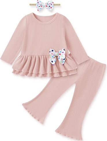 Toddler Girl Clothes 3Pcs Girls Fall Outfits with Bow Headband 1-5T | Long Sleeves Top and Bell Bottom Pants Matching Bow Headband 3pcs Girls Clothing Set, Fall Winter Outfit For Toddler Girls in Kuwait