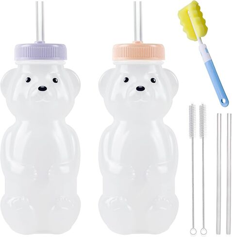 Honey Bear Straw Cups, Juice Bear Bottle Drinking Cup Long Straws with 4 Flexible Straws & Cleaning Tools, 8-Ounce Therapy Sippy Bottles for Speech and Feeding Training, Food-Grade & BPA Free 2 Pack in Kuwait