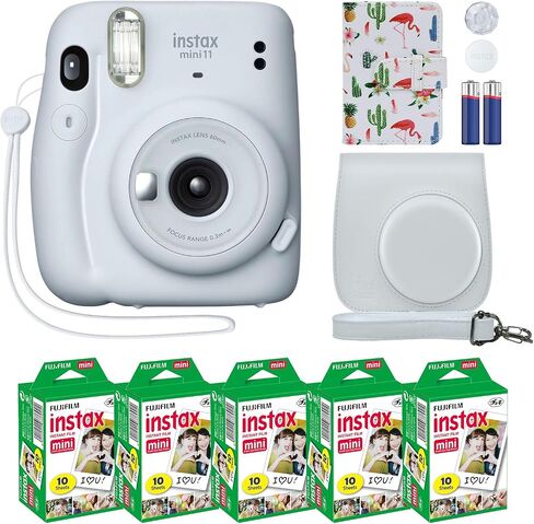 Fujifilm Instax Mini 11 Instant Camera Ice White + MiniMate Accessory Bundle & Compatible Custom Case + Fuji Instax Film Value Pack (50 Sheets) Flamingo Designer Photo Album in Kuwait