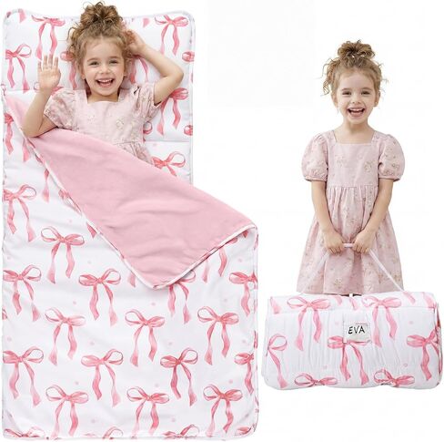 Toddler Nap Mat for Girls Pink Bow Sleeping Bag with Removable Pillow Blanket, Roll up Kids Nap Mat for Daycare Preschool Travel Camping, 44 x 33 Inch in Kuwait